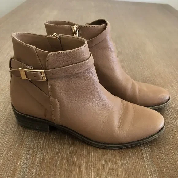 Franco Sarto Booties Womens 6.5 M Shandy Leather Boots Buckle Almond Toe Tan - Picture 1 of 16